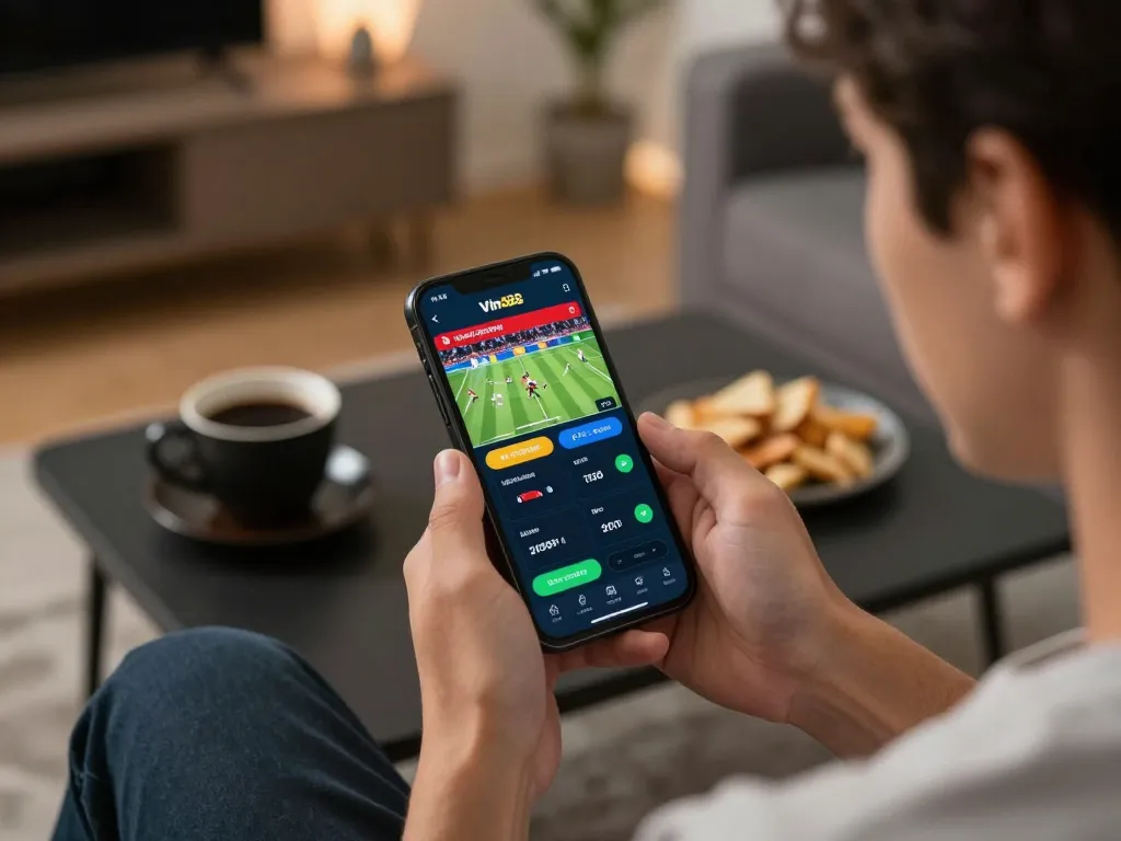 Engaging with the Vin 88 app for live sports betting in a cozy home setting.