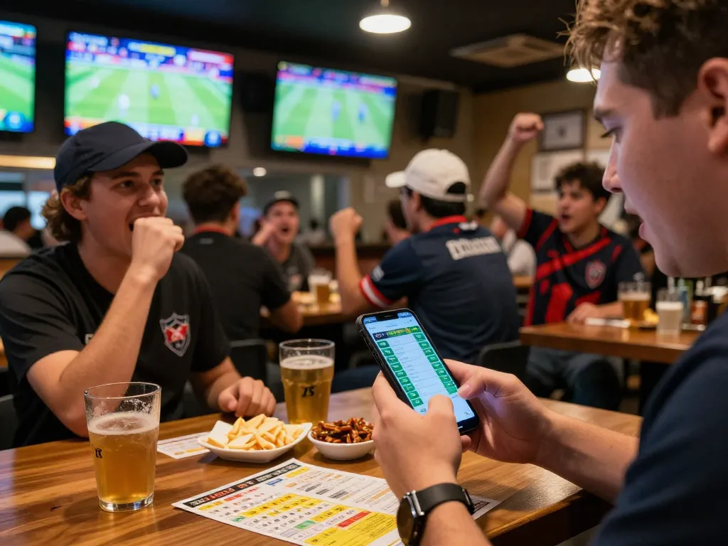 Engaging sports betting atmosphere with fans analyzing Thể thao tx88 odds on a mobile app at a lively sports bar.