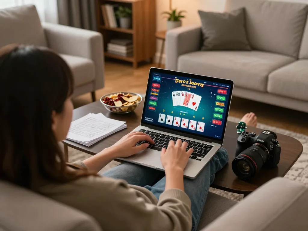 Engaging in online poker at home from https://sky888.cn.com/, enjoying a strategic gaming session.