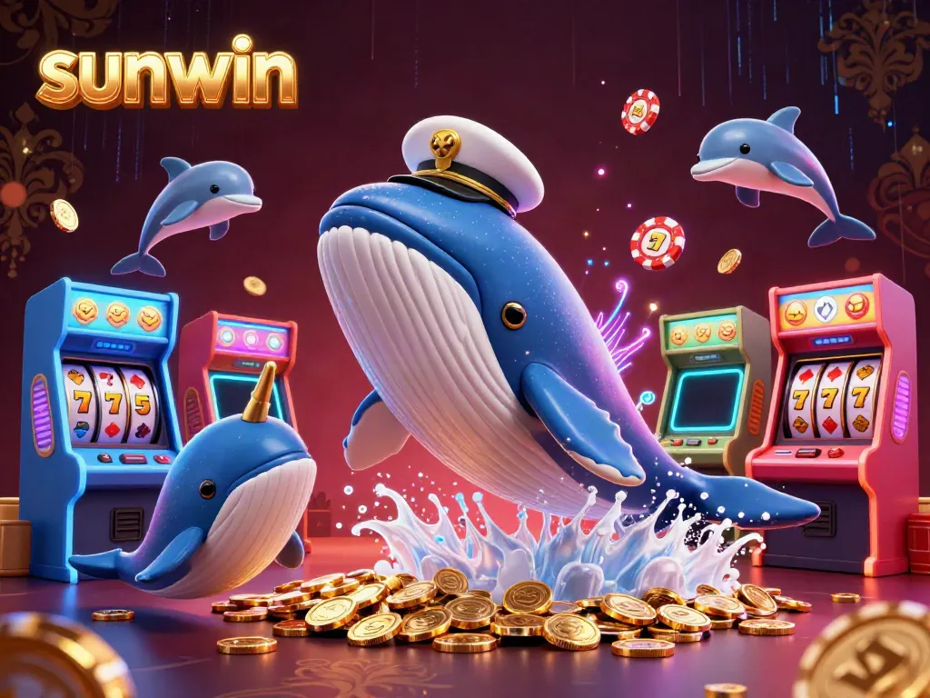 Experience sunwin's vibrant gaming world with an enchanting whale, a narwhal, and playful dolphins amidst casino-themed elements.