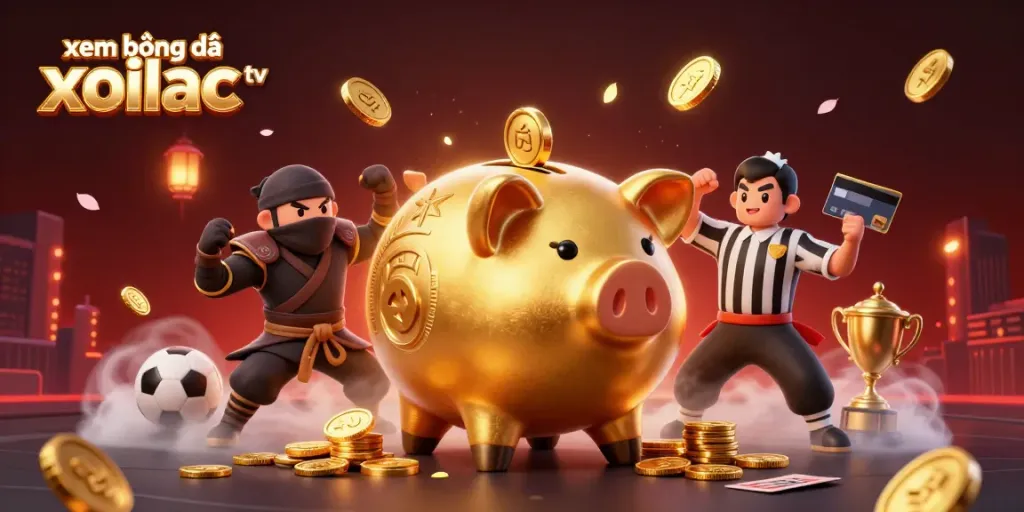 Xem bóng đá xoilac tv visualization with a golden piggy bank sumo wrestler amid vibrant betting elements.