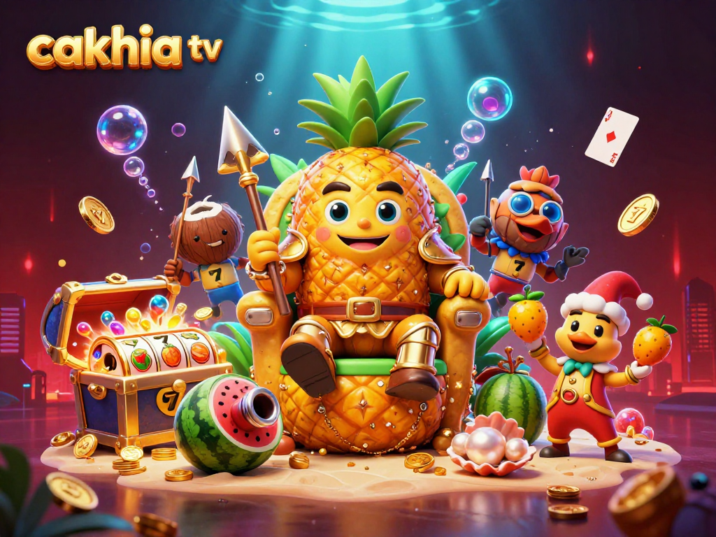 Experience the thrill of cakhia tv with a vibrant casino scene featuring a pineapple king, bodyguards, and jester.