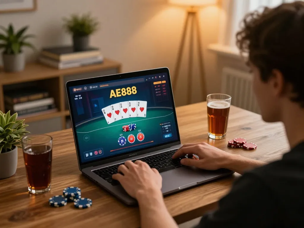 Player strategically placing bets on AE888 poker interface while enjoying a cozy home gaming atmosphere