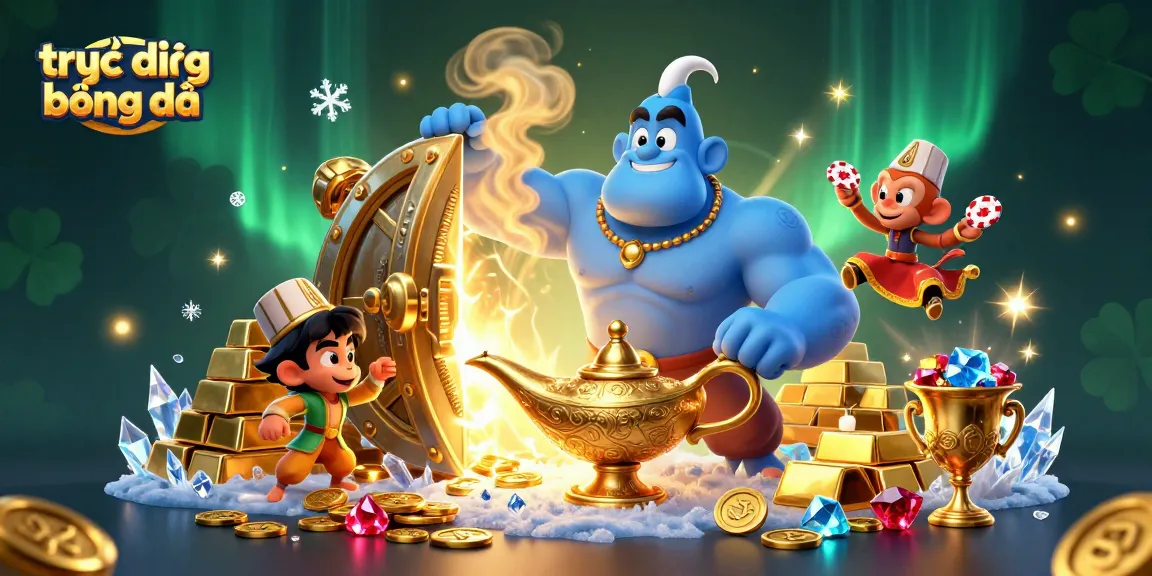 Experience trực tiếp bóng đá with a magical casino-themed illustration featuring vibrant characters and casino elements.