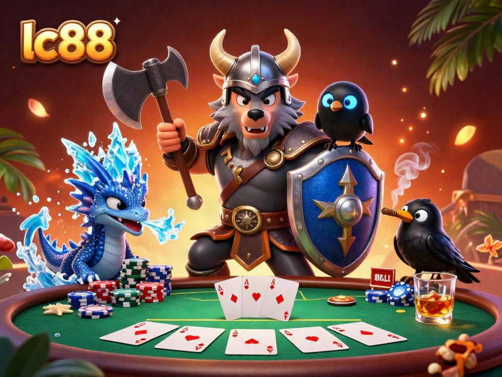 Engage with lc88's vibrant Viking-themed casino scene featuring poker elements and dynamic characters.