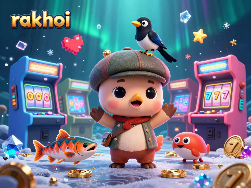 Engage with rakhoi's vibrant 3D casino features featuring baby Nessie, arcade games, and exciting slot reels.