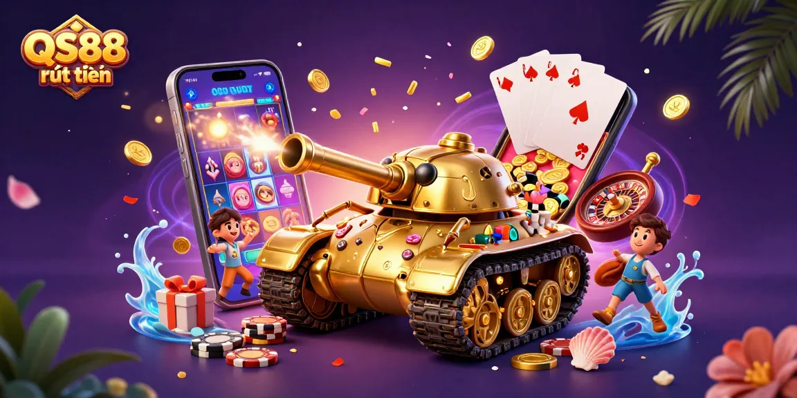 Experience the excitement of QS88 rút tiền with a stunning 3D casino illustration showcasing vibrant slot games and dynamic gaming action.