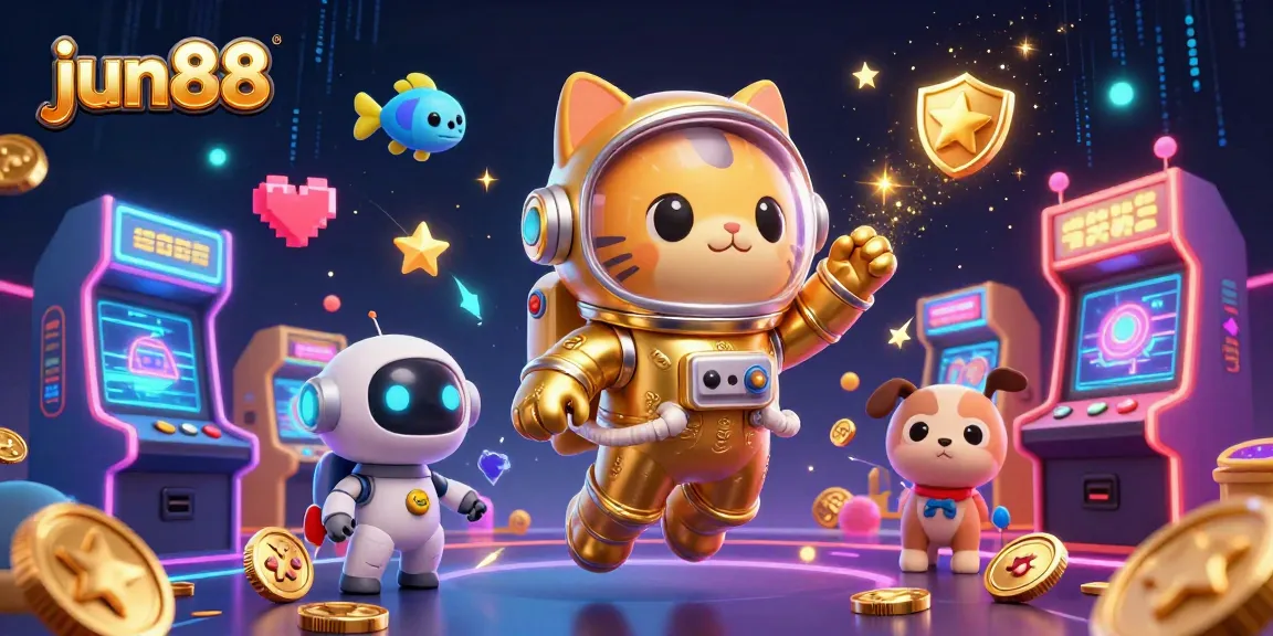 Experience casino gaming thrill with jun88 featuring a space cat and robot dog amidst arcade chaos.