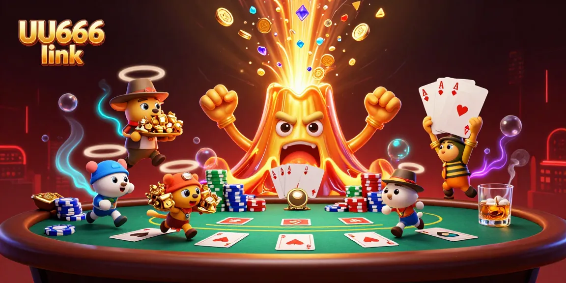 Engage with UU666 link for exciting casino adventures featuring a golden volcano, poker elements, and treasure exploration.