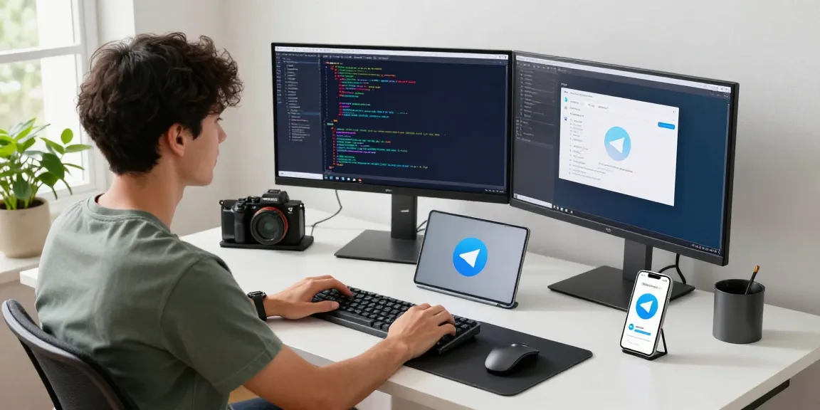 Download Telegram with ease in a modern tech workspace showcasing a developer actively engaged with the app.