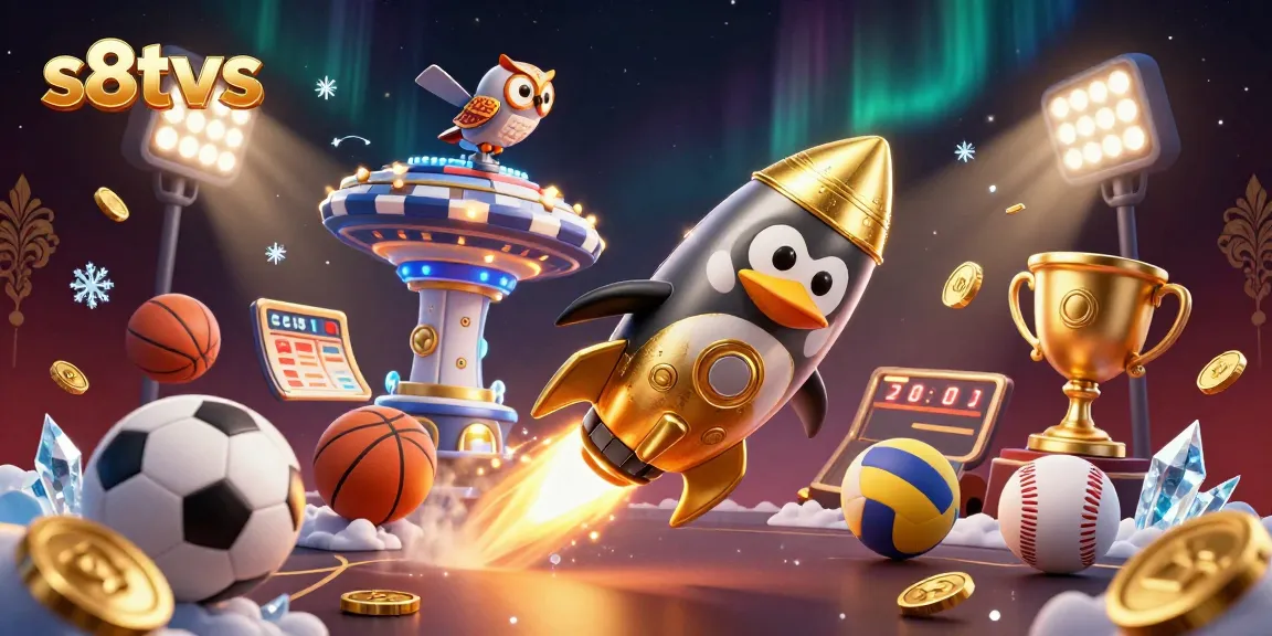 Experience thrilling sports betting with s8tvs, featuring dynamic sports elements and a golden penguin hero.