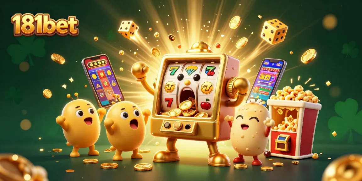 Experience the thrill of 181bet as a golden slot machine hits the jackpot amidst vibrant casino elements.