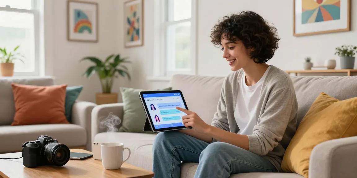 Engaging with girlfriend AI on a tablet in a cozy living room, showcasing digital companionship.