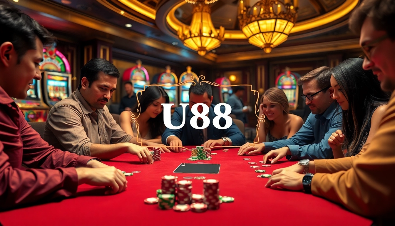 Players engaged in a thrilling poker game at U88 Casino, showcasing excitement and strategy.