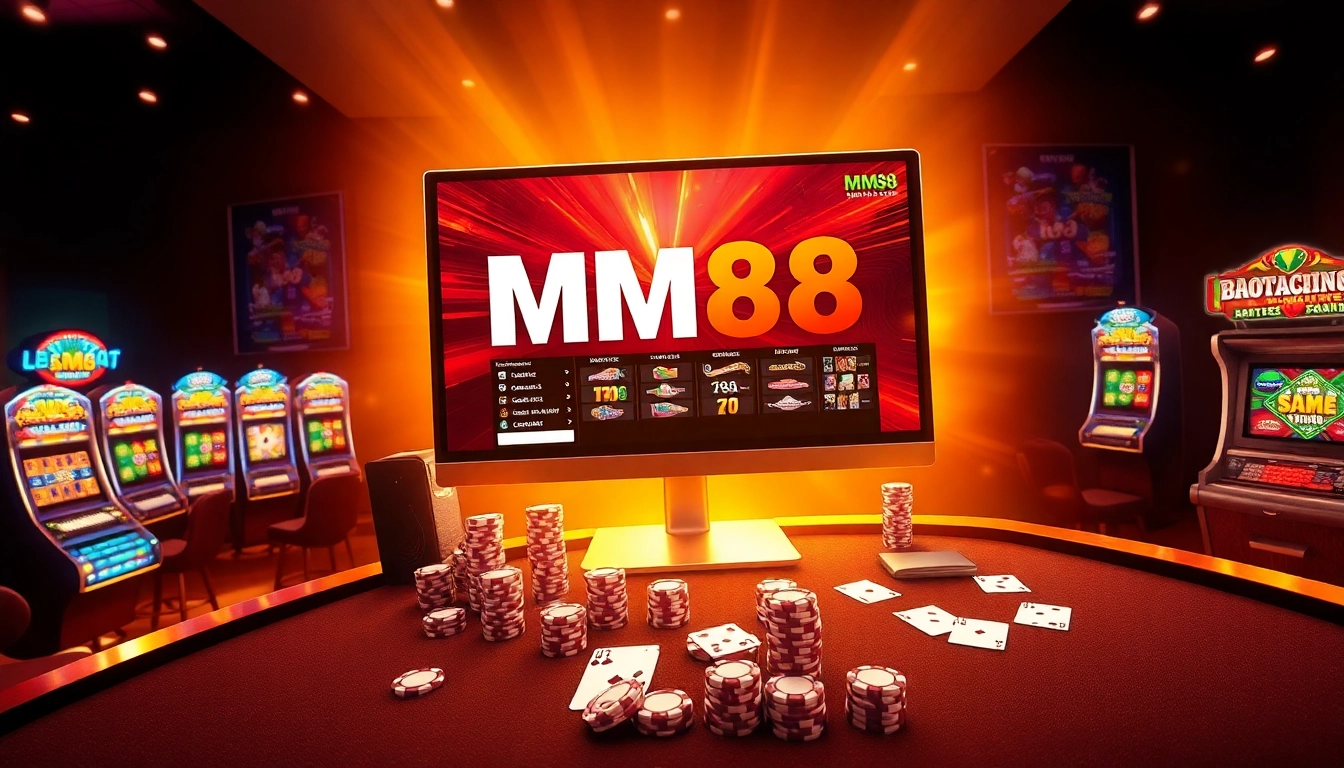Experience the excitement of MM88 with vibrant gambling visuals featuring slots and poker elements.