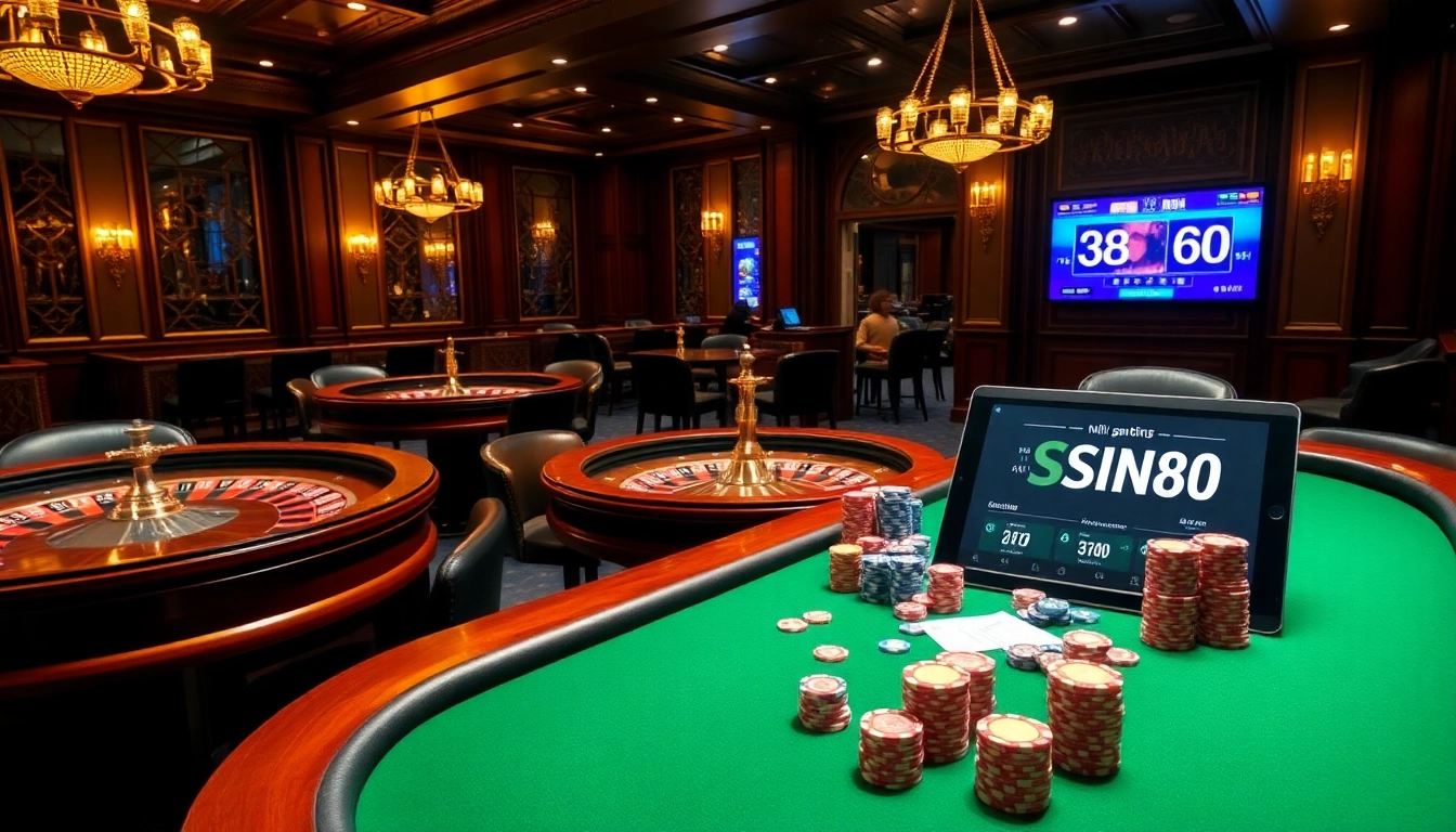 Experience the thrill of SIN88 gaming with vibrant poker chips and roulette wheels in this elegant casino setting.