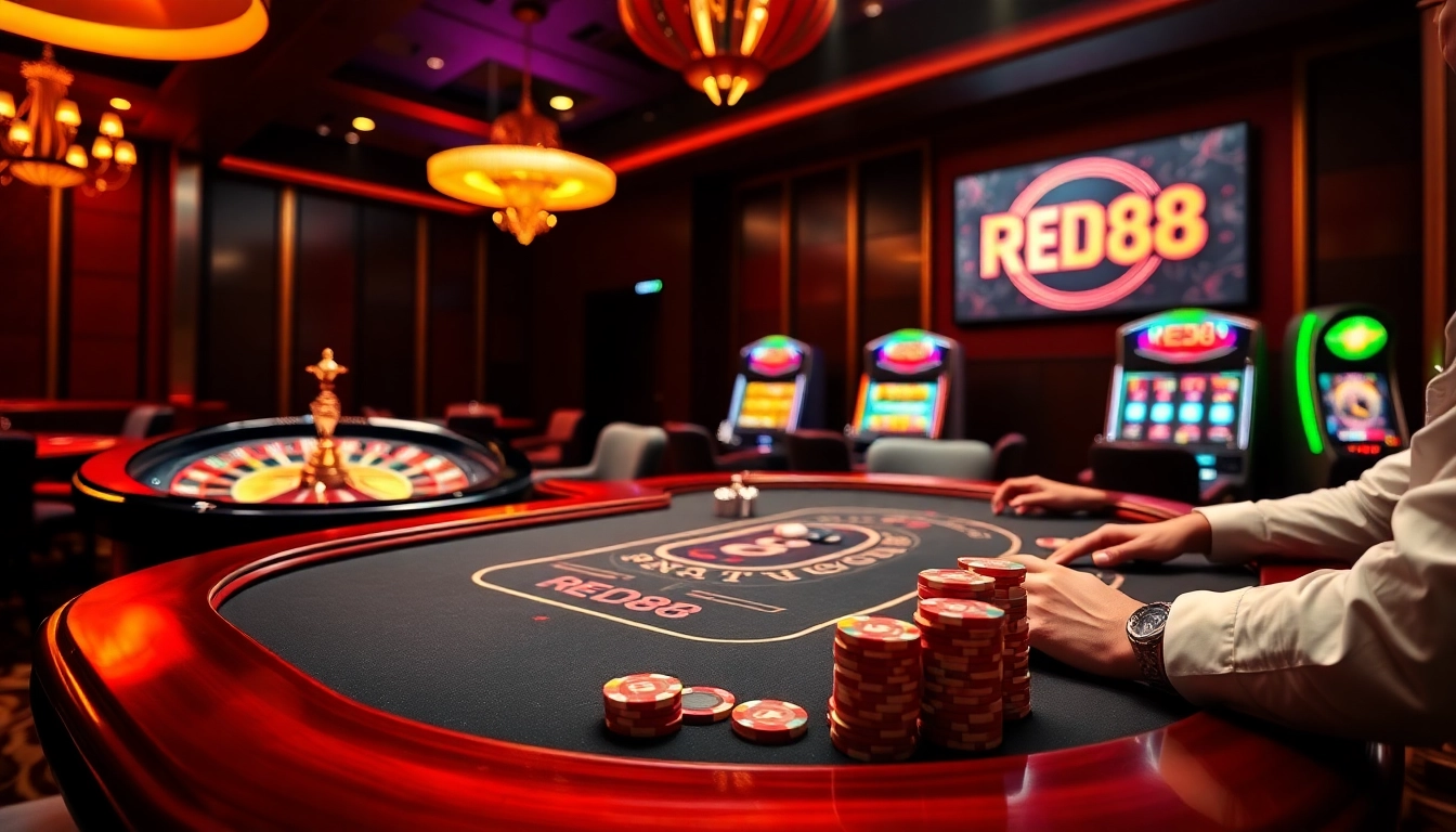 Engaged players at a lively casino table showcasing games from https://red88.day/ with vibrant colors and excitement.