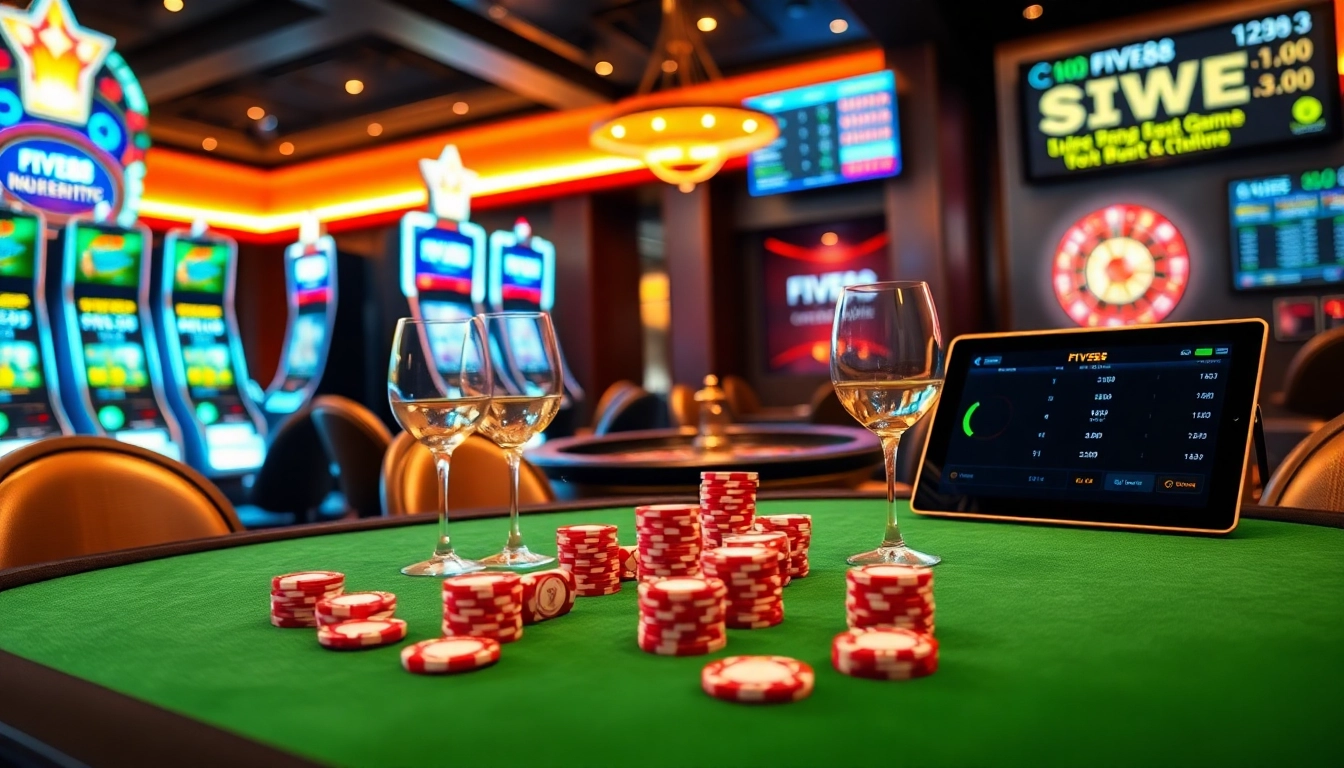 Experience the excitement of FIVE88 with a luxurious casino setting featuring poker tables and slot machines.