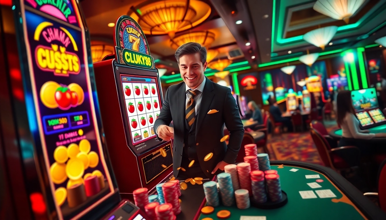 Play the thrilling LUCKY88 slot machine amidst a vibrant casino atmosphere.