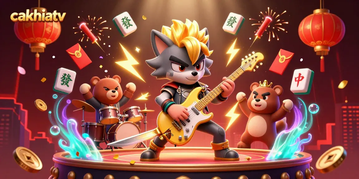 Experience cakhiatv with an energetic scene featuring cartoonish rock star wolf and drummer bear amidst vibrant casino-themed elements.
