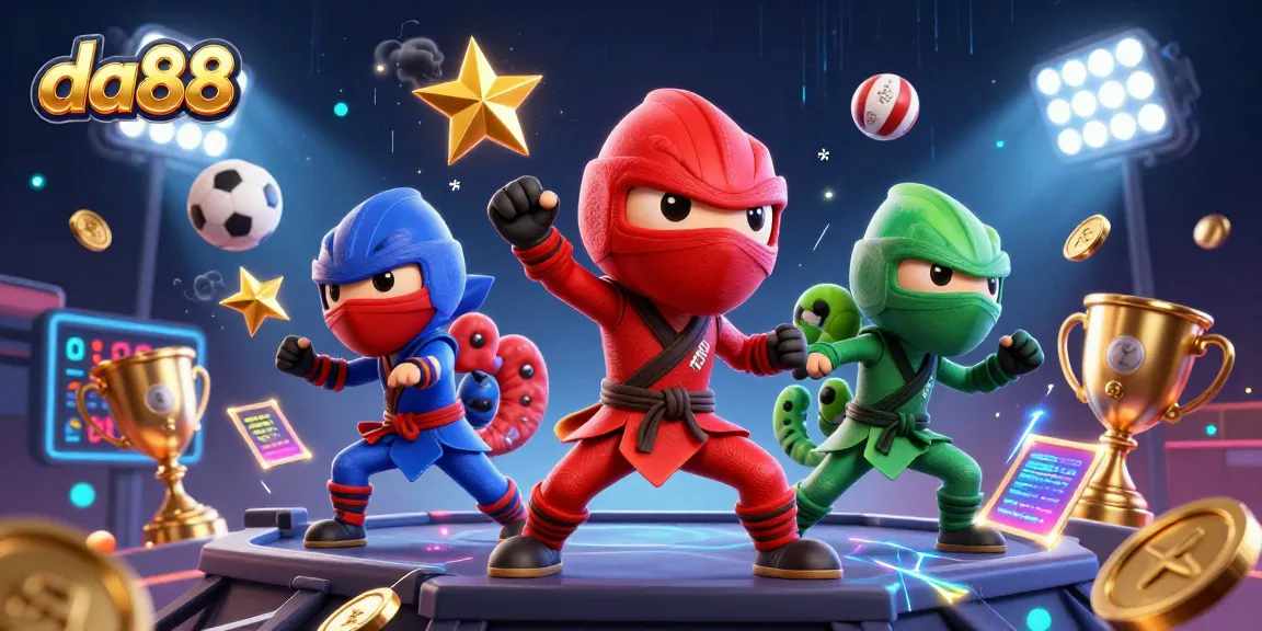 Engage with da88's thrilling casino experience through animated chameleon ninjas throwing golden stars and sports elements.