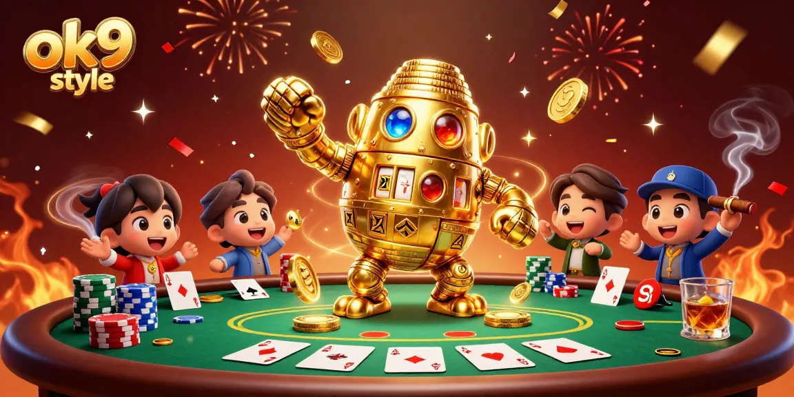 Experience thrilling wins in the ok9 style casino with a golden golem amidst rich poker action.