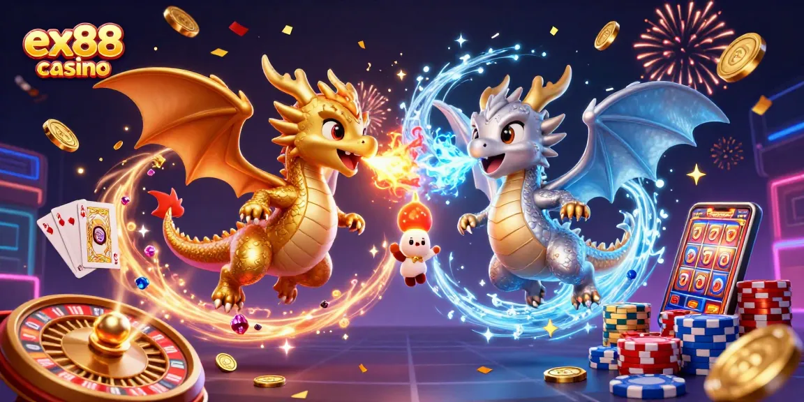 Experience the excitement of ex88 casino with 3D dragons unleashing fire and ice amidst gold coins and animated casino elements.