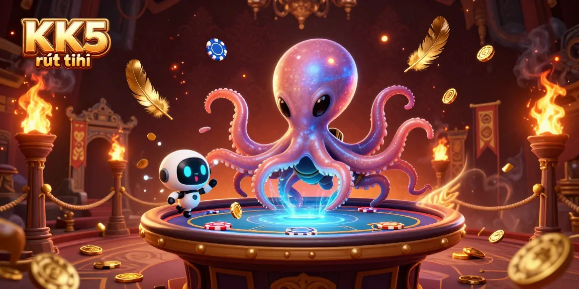Engage in KK5 rút tiền as an alien octopus manages a holographic poker table amidst colorful casino elements.