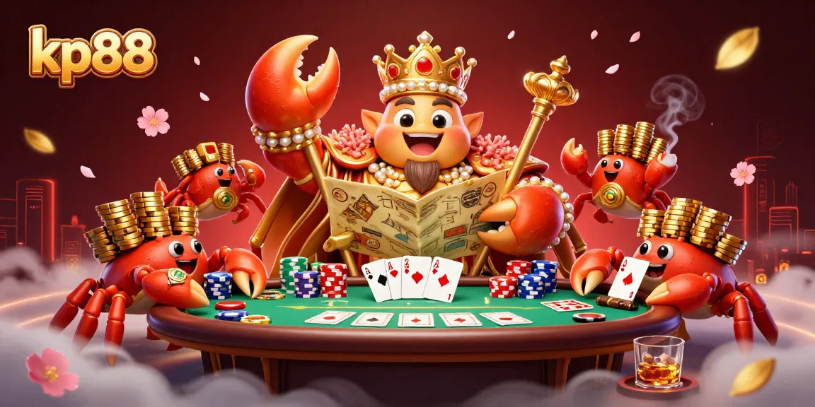 Engage in thrilling poker action with kp88, vivid illustrations featuring a golden crab and exciting casino elements.
