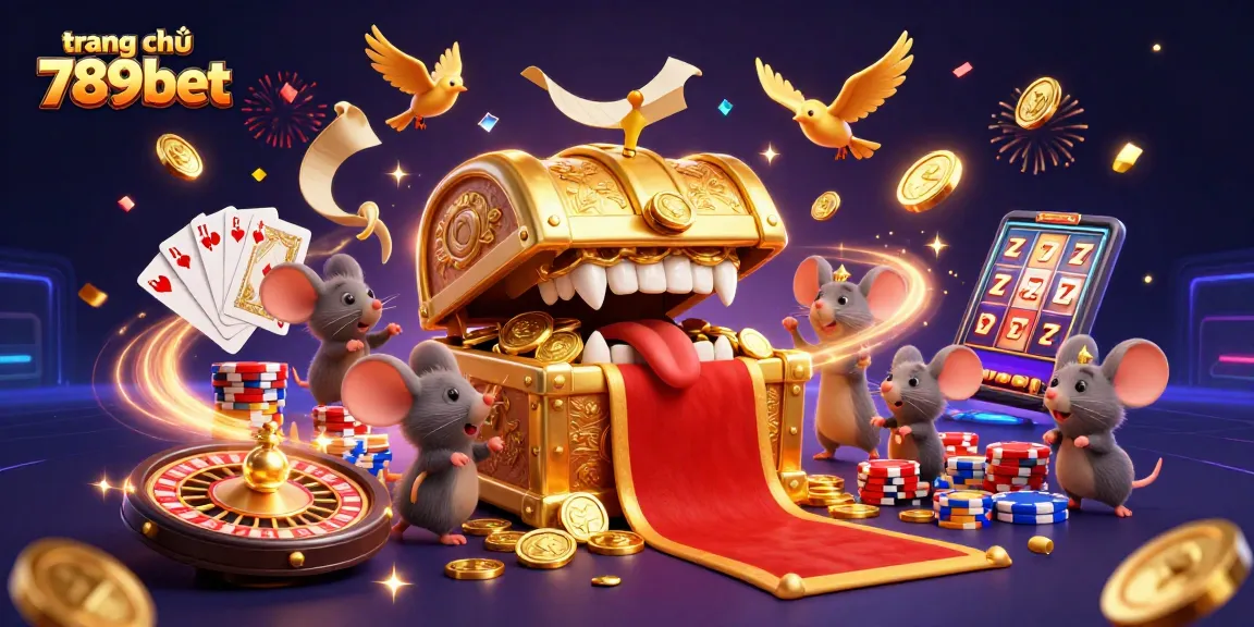 Experience excitement at trang chủ 789bet with adventurer mice and a golden treasure chest in an engaging casino scene.