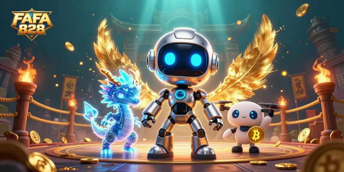 Experience the excitement of FAFA 828 with vibrant casino action and crypto elements in a dynamic illustration.